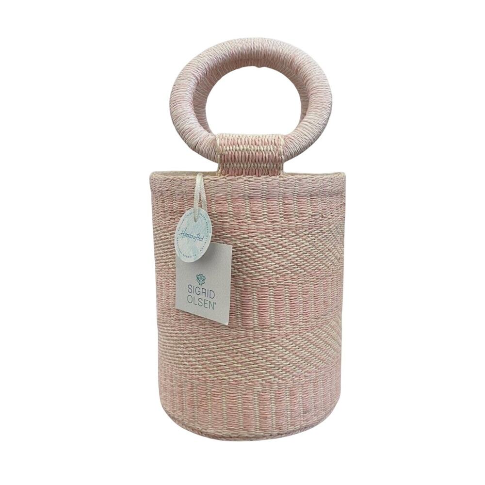 SIGRID OLSEN Woven Pink & Cream Bucket Handbag Purse Tote Beach Fashion NEW